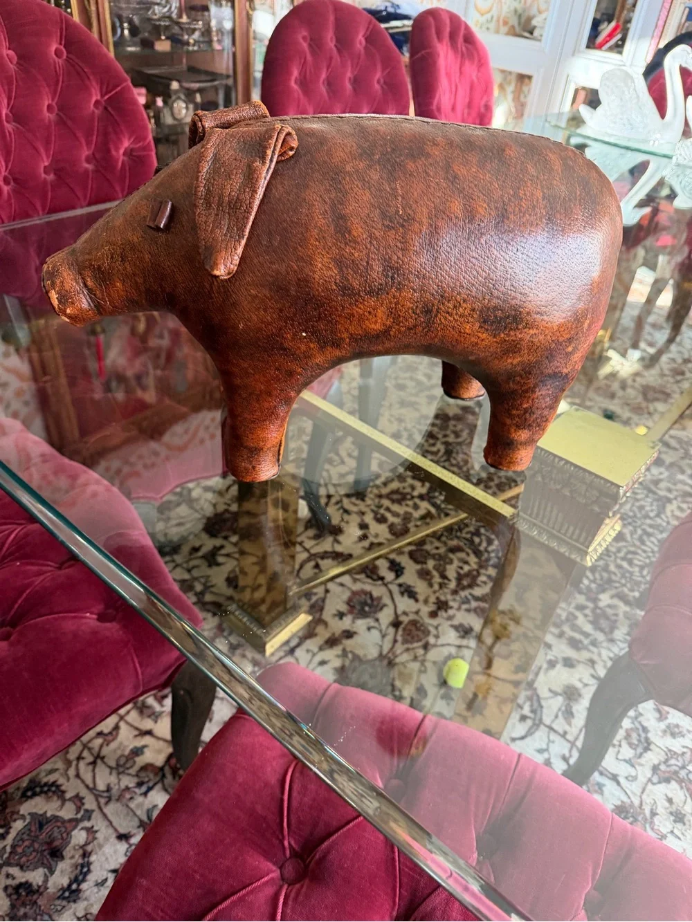 Vintage-Style Brown Leather Pig Accent - Home Dining Decor